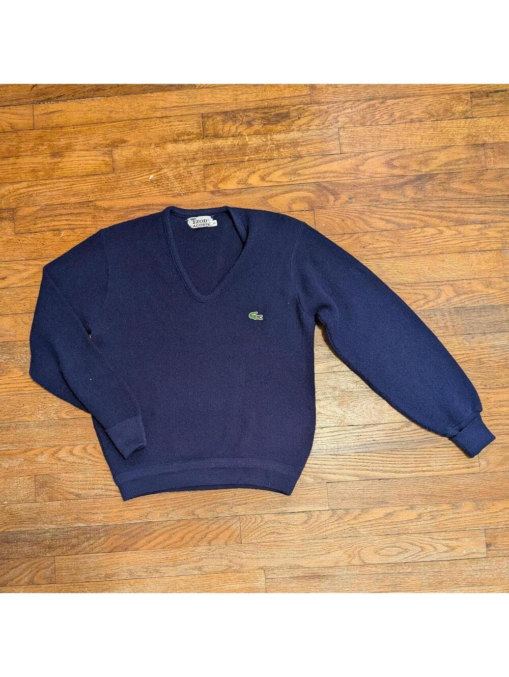 Vintage 70s IZOD Lacoste Navy V Neck Sweater Tennis Preppy Unisex S